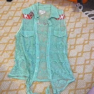 Nick & Mo, green/aqua, lace, button up tank. Size L. Fits like a M in the bust